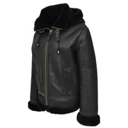 Womens Real Black Sheepskin Jacket Hooded Shearling B3 Pilot Coat Maria Front Angle 2