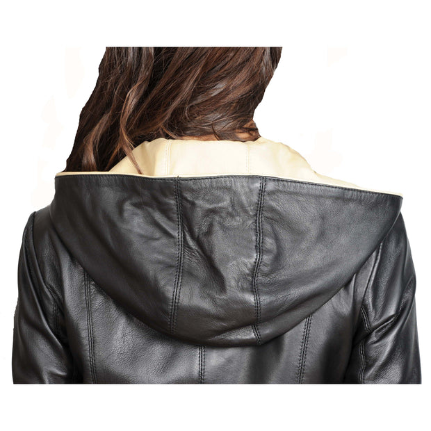 Womens Real Leather Blazer Jacket Mid Length Hooded Coat Eva Black Back Feature