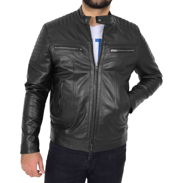 Trendy Genuine Soft Leather Biker Zipper Jacket For Men Rider Black Front 2
