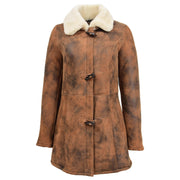 Womens Real Sheepskin Duffle Coat Hooded Shearling Jacket Armas Cognac Front Without Hood