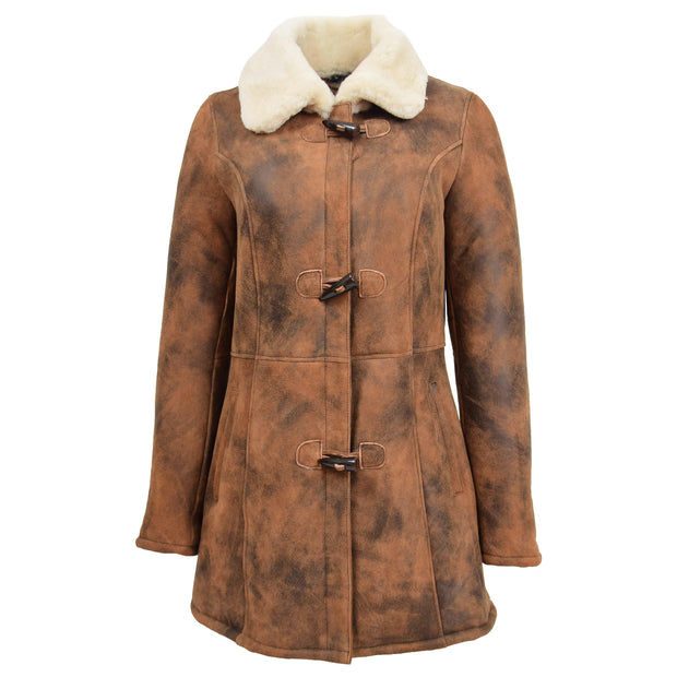 Womens Real Sheepskin Duffle Coat Hooded Shearling Jacket Armas Cognac Front Without Hood