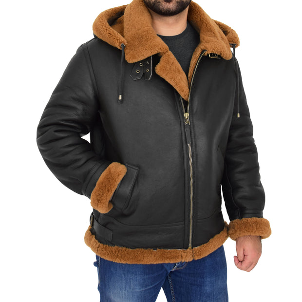 Mens Real Sheepskin Flying Jacket Hooded Brown Ginger Shearling Coat Hawker Front With Hood