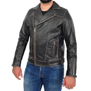Mens Slim Fit Rub Off Biker Leather Jacket Brando Distressed Rugged Cowhide Cruz Front 3