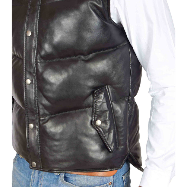 Mens Quilted Leather Waistcoat Body Warmer Gilet Jeff Black Feature