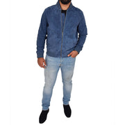 Mens Soft Goat Suede Bomber Varsity Baseball Jacket Blur Blue Full