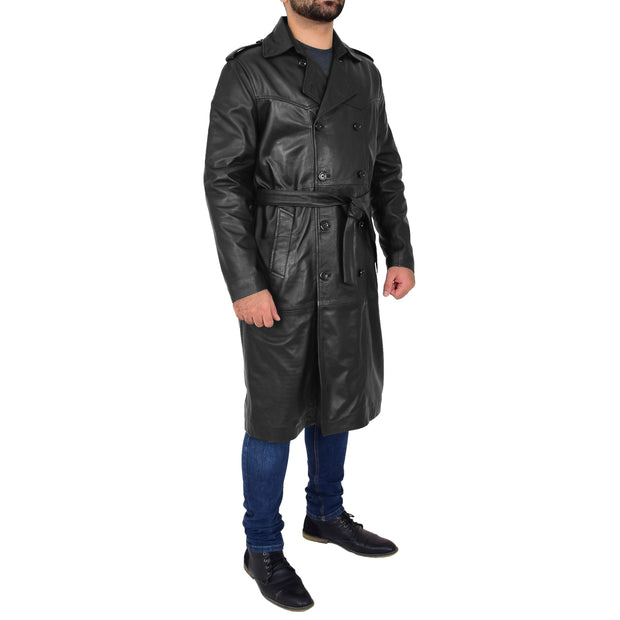 Mens Trench Leather Coat 3/4 Long Black Reefer Overcoat Sherlock Front Side 3