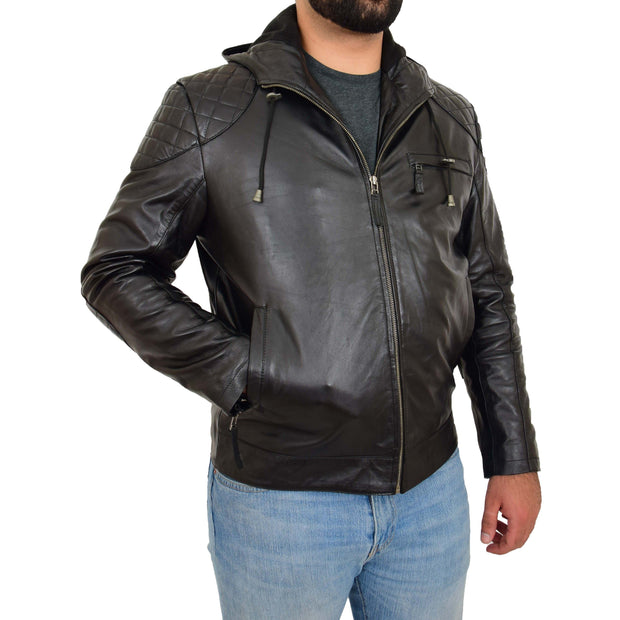 Mens Real Black Leather Hooded Jacket Sports Fitted Biker Style Coat Barry Front Side 2
