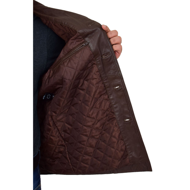Mens Casual Leather Jacket Hip Length Brown Reefer Blazer Coat Harold Lining