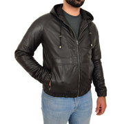 Mens Real Black Leather Bomber Hoodie Jacket Sports Fitted Coat Kent Front Side 2