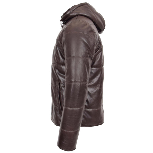 Mens Real Leather Puffer Jacket Fully Padded With Hood DRACO Brown 4