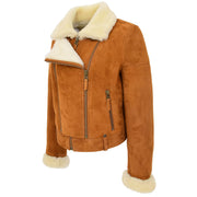 Womens Real Sheepskin Jacket Cognac Merino Shearling Coat Poppy Front Angle