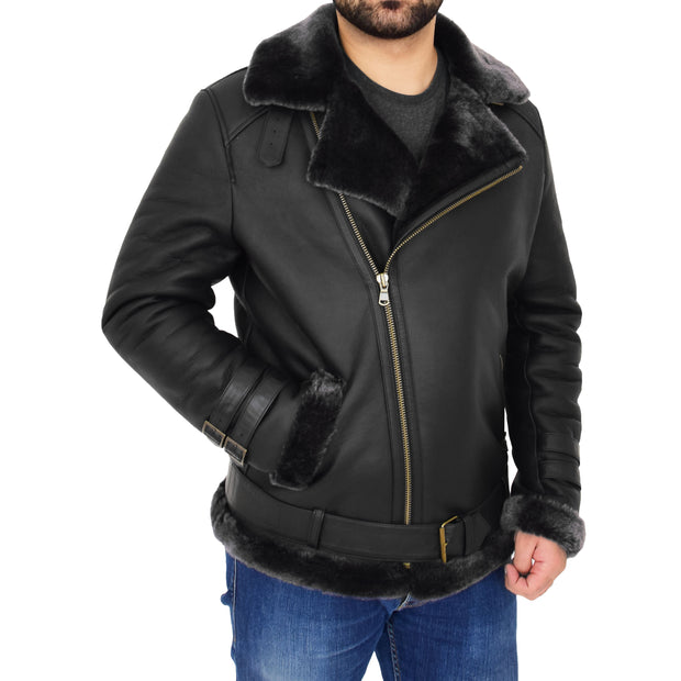 Mens Real Sheepskin Jacket Black X-Zip Aviator Brando Shearling Coat Hugh Front Angle 2