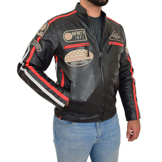 Mens Black Real Leather Biker Jacket Motorsport Racing Badges Designer Coat Frank