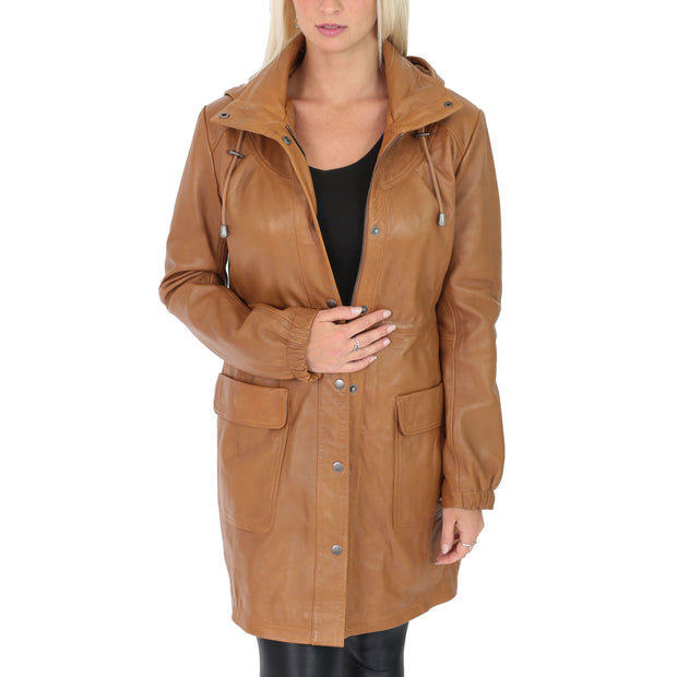 Ladies Duffle Leather Coat 3/4 Long Detachable Hood Classic Parka Jacket Liza Tan Open