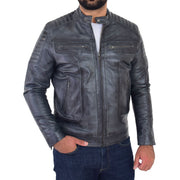 Trendy Genuine Soft Leather Biker Zipper Jacket For Men Rider Grey