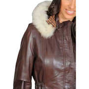 Womens Duffle Leather Coat Detachable Hood 3/4 Long Parka Jacket Mila Brown Feature