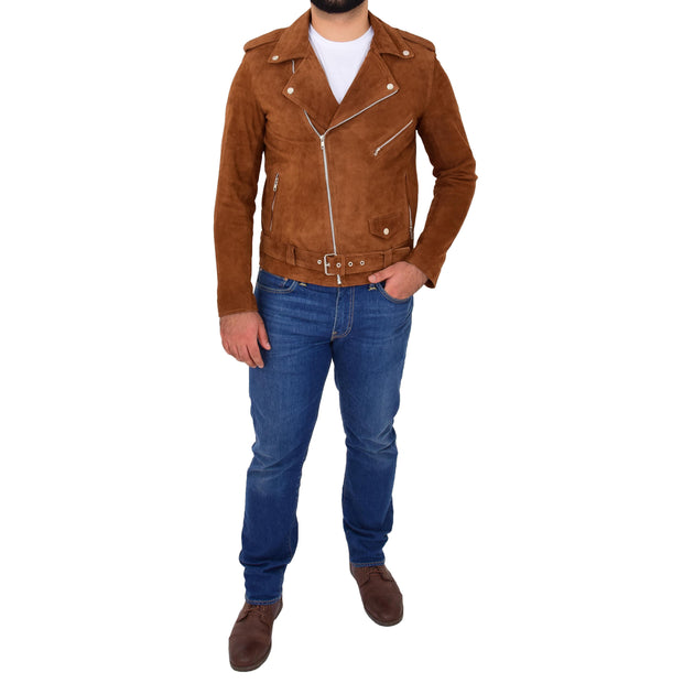 Genuine Suede Leather Biker Jacket For Mens Fitted Brando Coat Jay Cognac Full