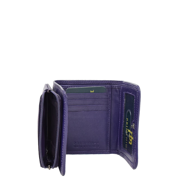 Womens Trifold Genuine Leather Purse Compact Clutch Style Wallet AL16 Purple Open 2