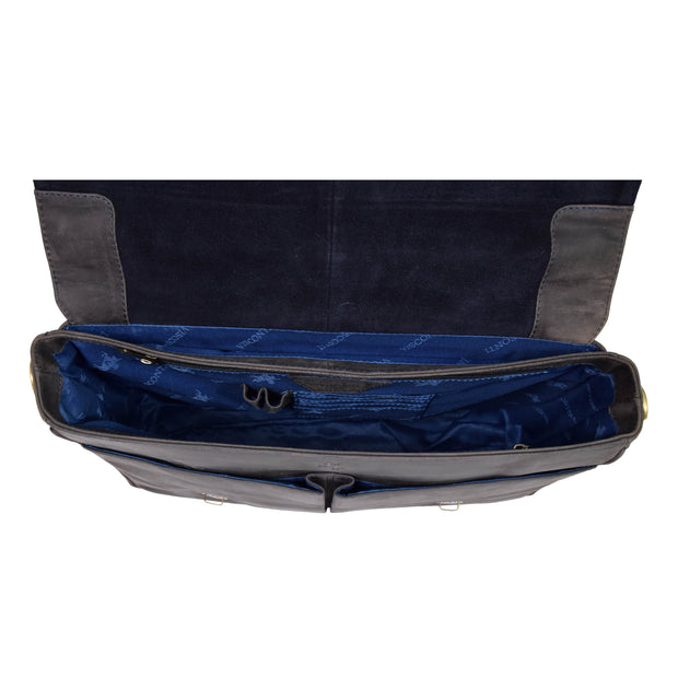 Mens REAL Leather Briefcase Vintage Look Satchel Shoulder Bag A167 Navy Open
