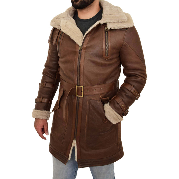 Mens Genuine Sheepskin Duffle Coat Shearling 3/4 Long Jacket Jose Brown