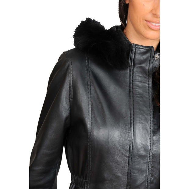 Womens Duffle Leather Coat Detachable Hood 3/4 Long Parka Jacket Mila Black Feature
