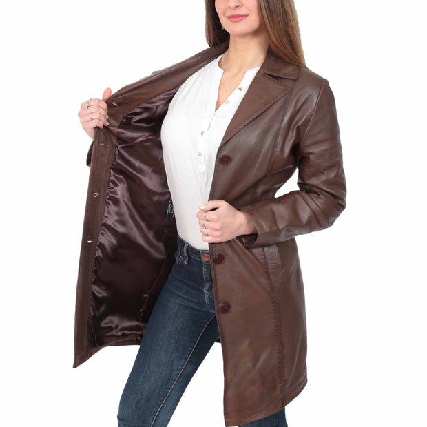 Womens 3/4 Button Fasten Leather Coat Cynthia Brown Lining