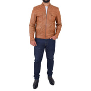 Mens Biker Leather Jacket Cognac Soft Nappa Fitted Standing Collar Tats Full