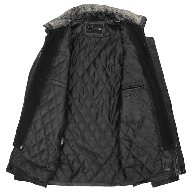 Mens 3/4 Long Leather Box Jacket Soft Parka Car Coat HARVEY Black 7