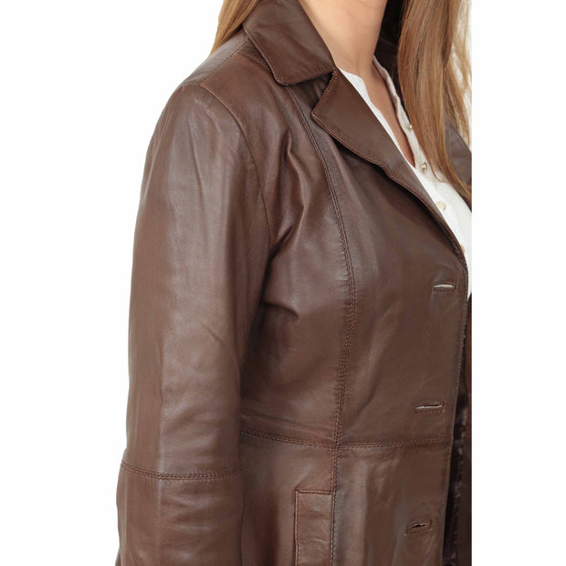 Womens 3/4 Button Fasten Leather Coat Cynthia Brown Feature