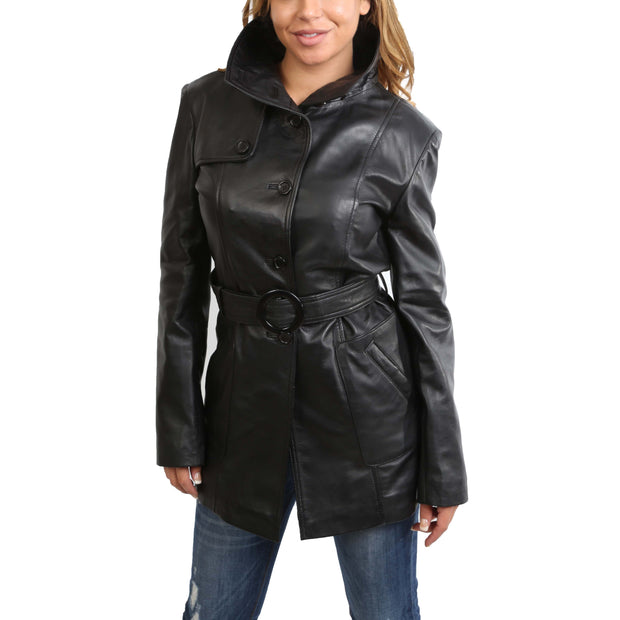 Womens Real Leather Hip Length Trench Parka Coat Alba Black Front 2