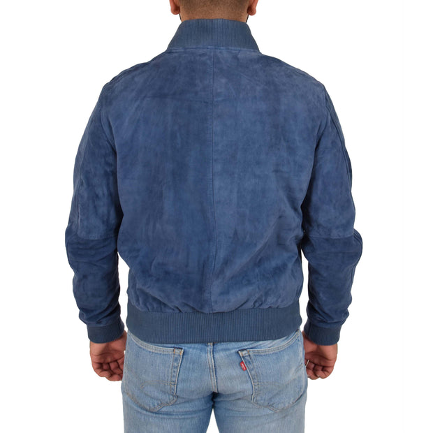 Mens Soft Goat Suede Bomber Varsity Baseball Jacket Blur Blue Back