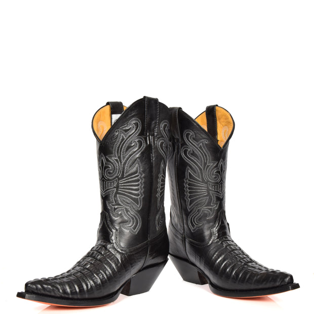 Real Leather Pointed Toe Croc Print Cowboy Boots AC229 Black Pair 1