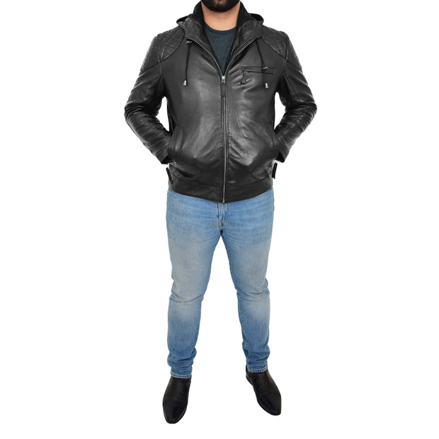 Mens Real Black Leather Hooded Jacket Sports Fitted Biker Style Coat Barry Full