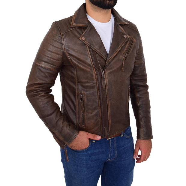 Mens Real Leather Biker Jacket Vintage Copper Rust Rub Off Slim Fit Style Max Front 2