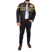 Mens Waxed Cowhide Biker Leather Jacket Badges Stripes Logos Tank Black Brown Full 
