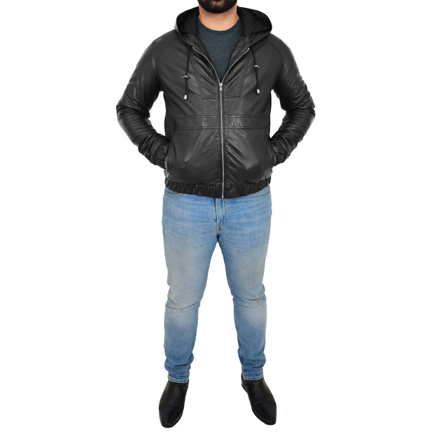 Mens Real Black Leather Bomber Hoodie Jacket Sports Fitted Coat Kent Full