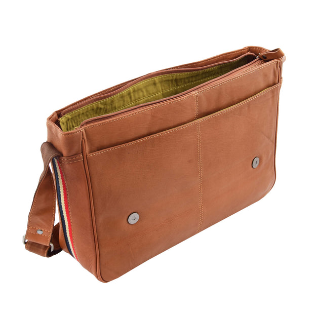 Mens Messenger Bag Real Leather Flight Shoulder Organiser Carl Tan Open 1