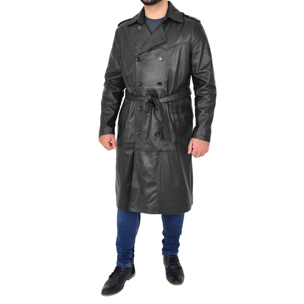 Mens Trench Leather Coat 3/4 Long Black Reefer Overcoat Sherlock