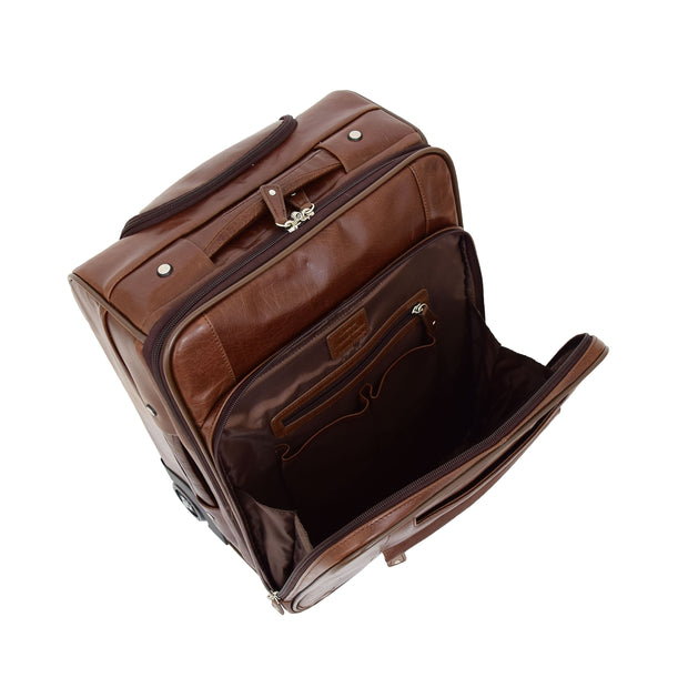 Luxurious Brown Leather Cabin Size Suitcase Hand Luggage Beverley Hills Front Open