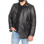 Mens Duffle Leather Coat Classic Horn Toggles Jacket Mack Black Open 2