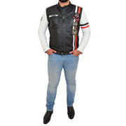 Mens Biker Leather Jacket Black White Sleeves Badges Stripes Sports Style Gears Full