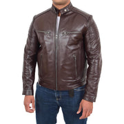 Mens Cafe Racer Biker Leather Slim Fit Jacket Teddy Brown Front 1