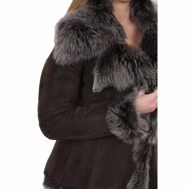 Womens Fitted Genuine Toscana Real Sheepskin Coat Pearl Brown Feature