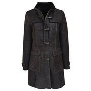 Womens Genuine Sheepskin Duffle Coat Hooded Shearling Jacket Evie Brown Without Hood