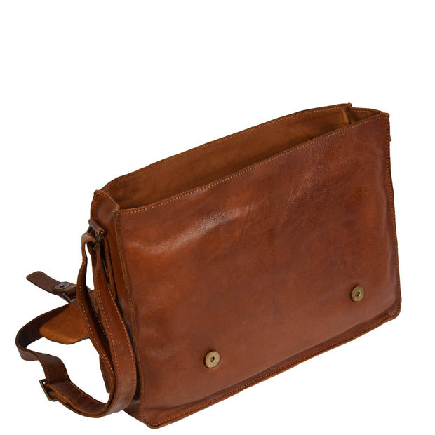 Mens Real Leather Satchel Messenger Bag Lewis Brown Front Open