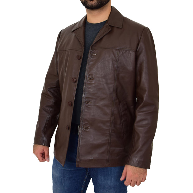 Mens Casual Leather Jacket Hip Length Brown Reefer Blazer Coat Harold Open 3