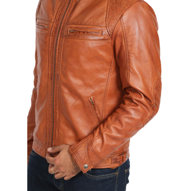 Gents Fitted Biker Leather Jacket Django Cognac Feature