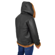 Mens Real Sheepskin Flying Jacket Hooded Brown Ginger Shearling Coat Hawker Back with Hood Up