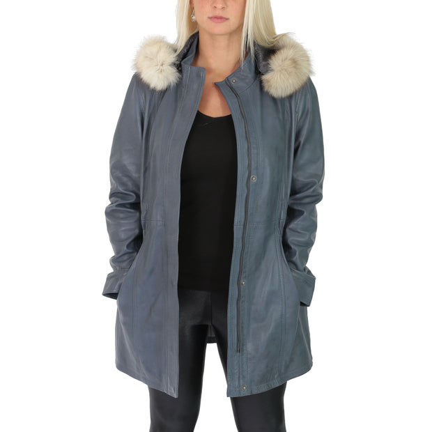 Womens Duffle Leather Coat Detachable Hood 3/4 Long Parka Jacket Mila Sky Blue Open