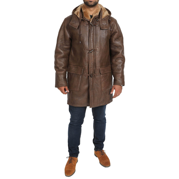 Mens Genuine Sheepskin Duffle Coat 3/4 Long Hooded Jacket Mitchel Brown Full